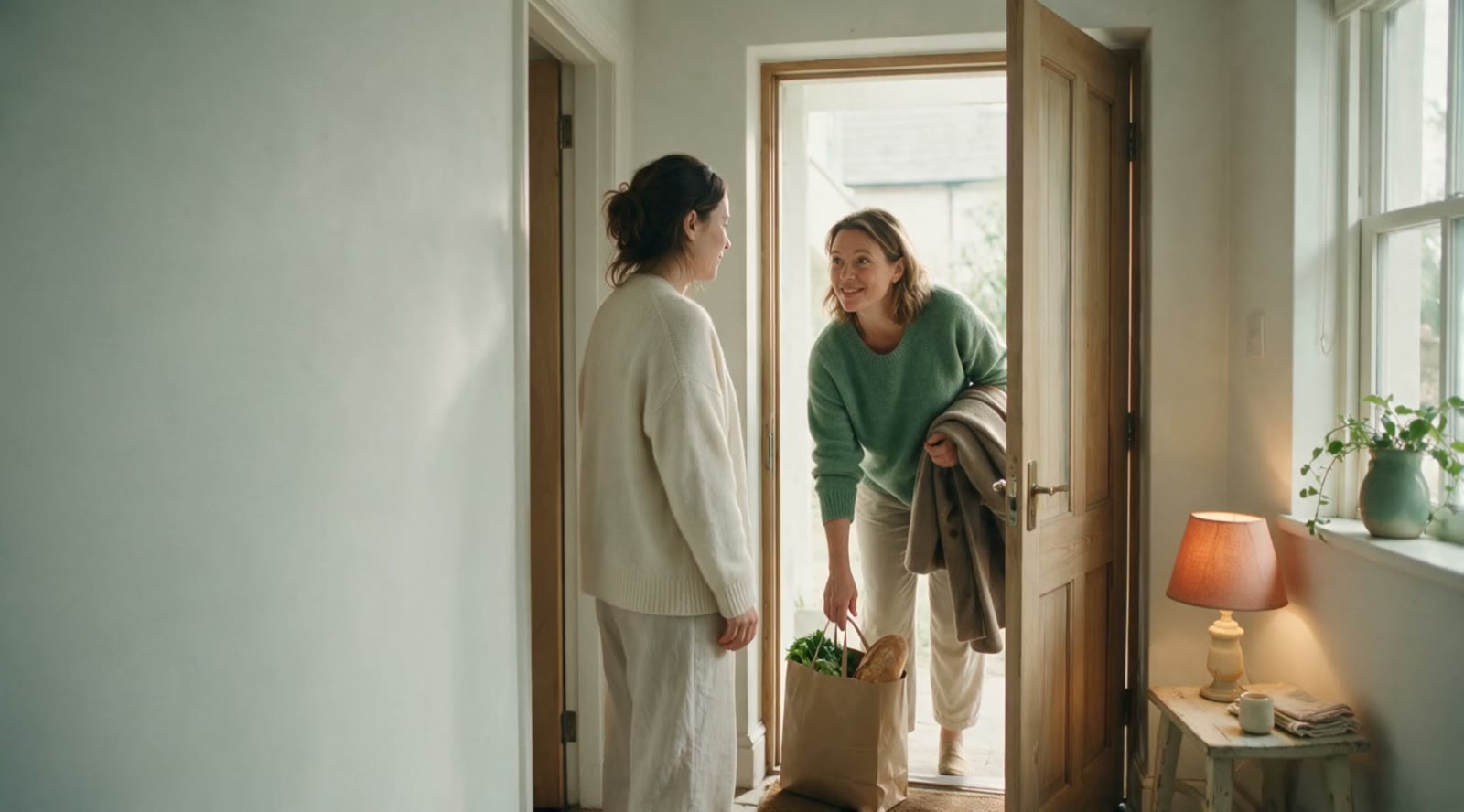 A friendly helper arriving at the door of a family home