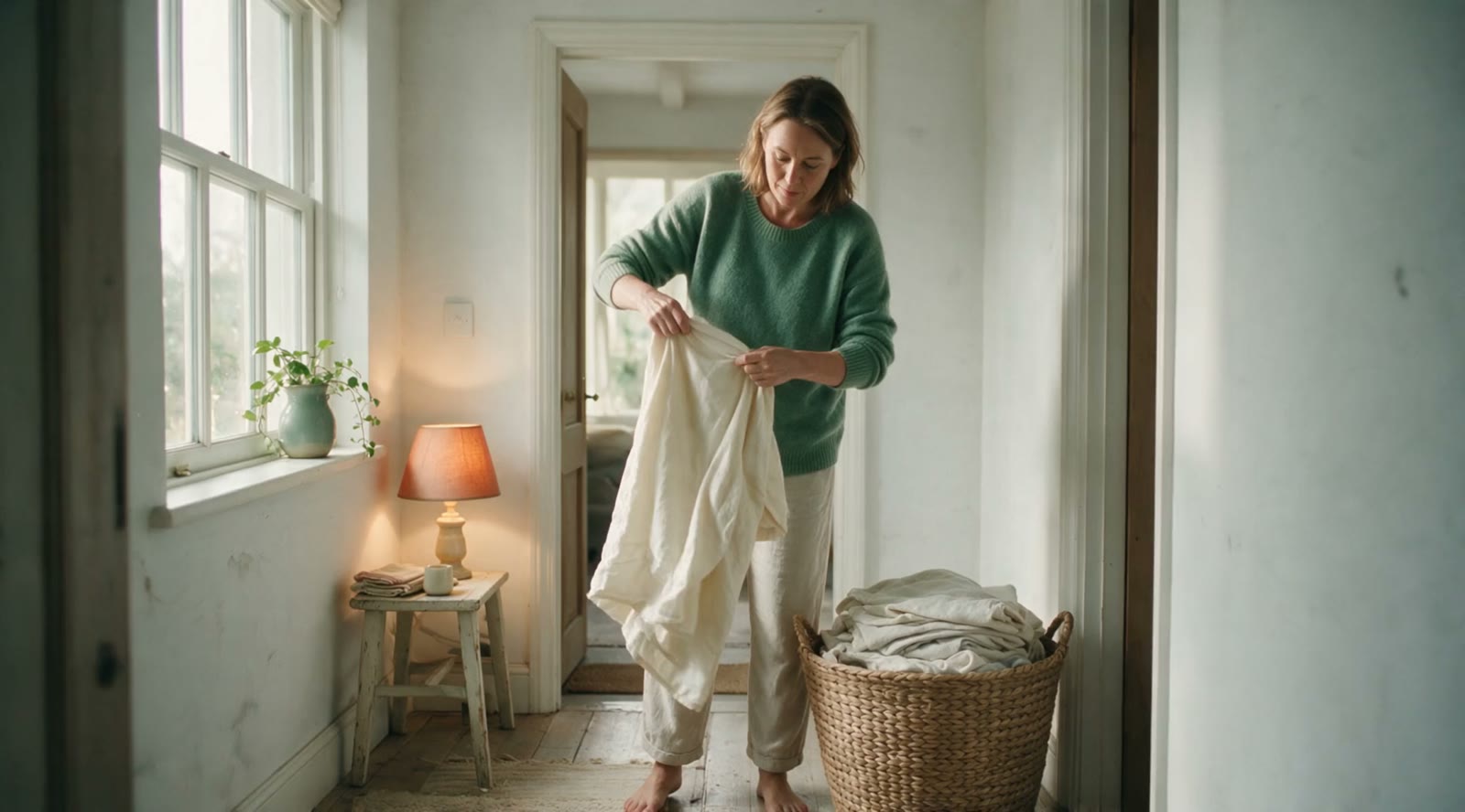 Fresh bed linen being folded in a calm family home