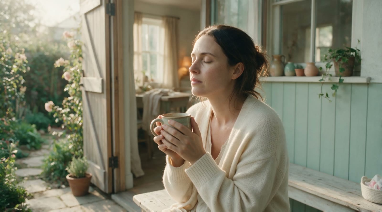 A new parent enjoying a quiet cup of tea at home